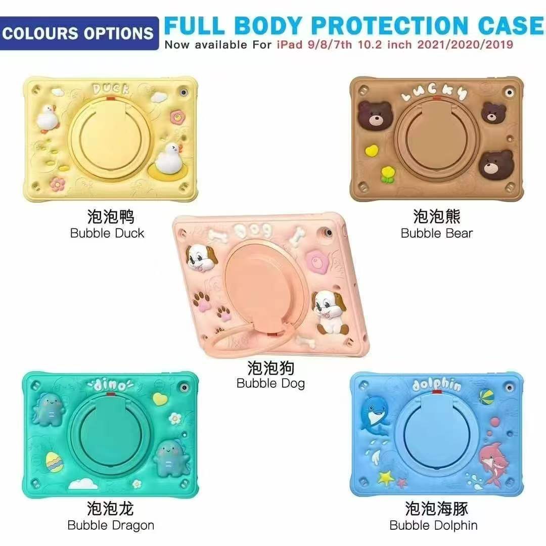 Five bubble animal iPad cases: duck, bear, dog, dinosaur and dolphin