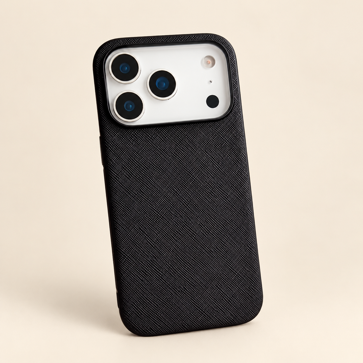 Black woven-texture PU phone case, clean rear view showing the fine textured finish and camera edge; iPhone version pictured