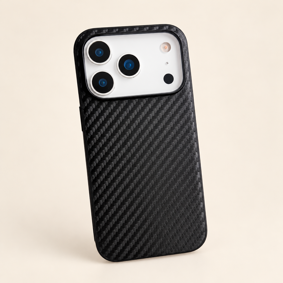 Black carbon-look PU phone case, clean rear view showing the diagonal patterned finish and camera edge; decorative PU, iPhone version pictured