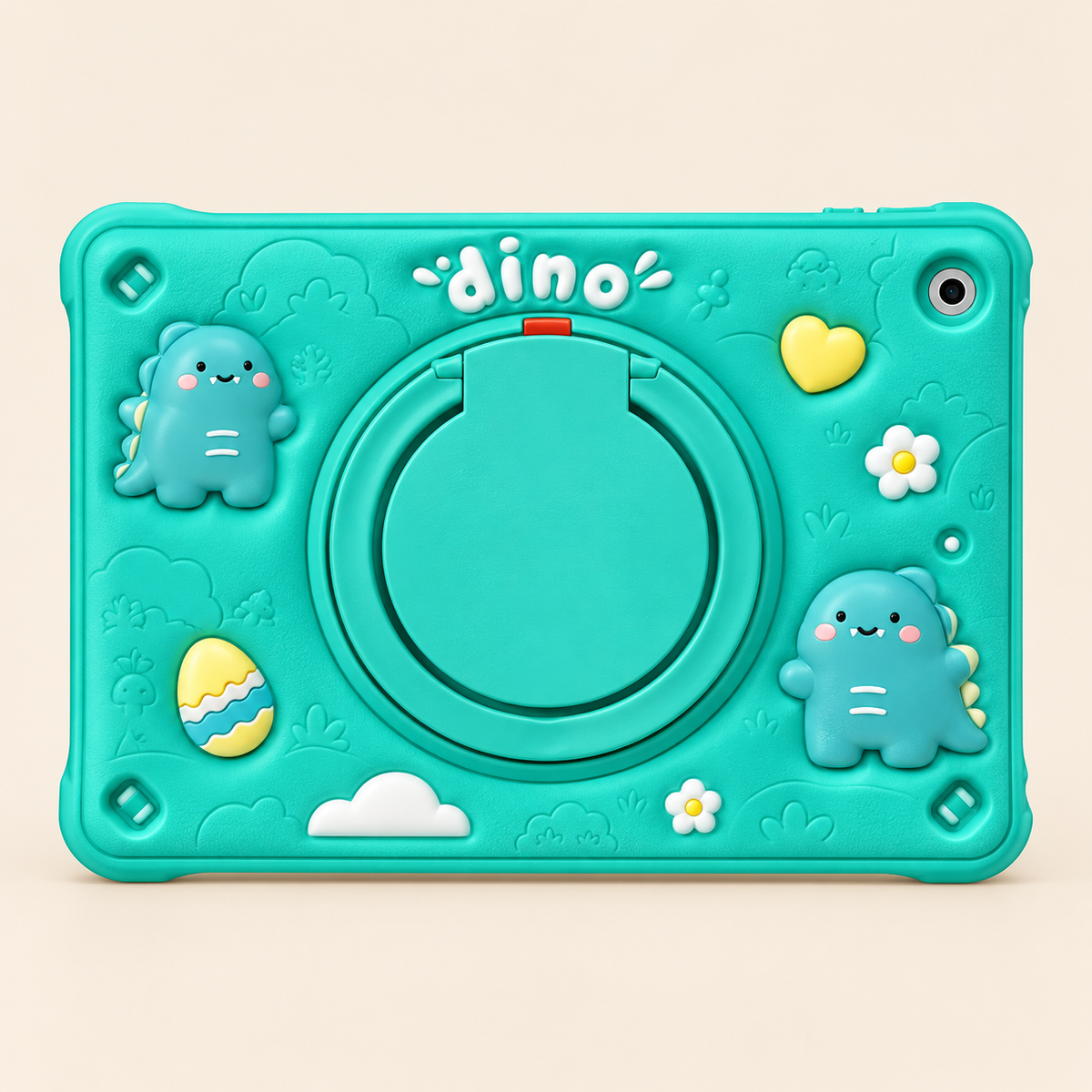 Teal bubble dinosaur iPad 10.2 case with a folding rear ring