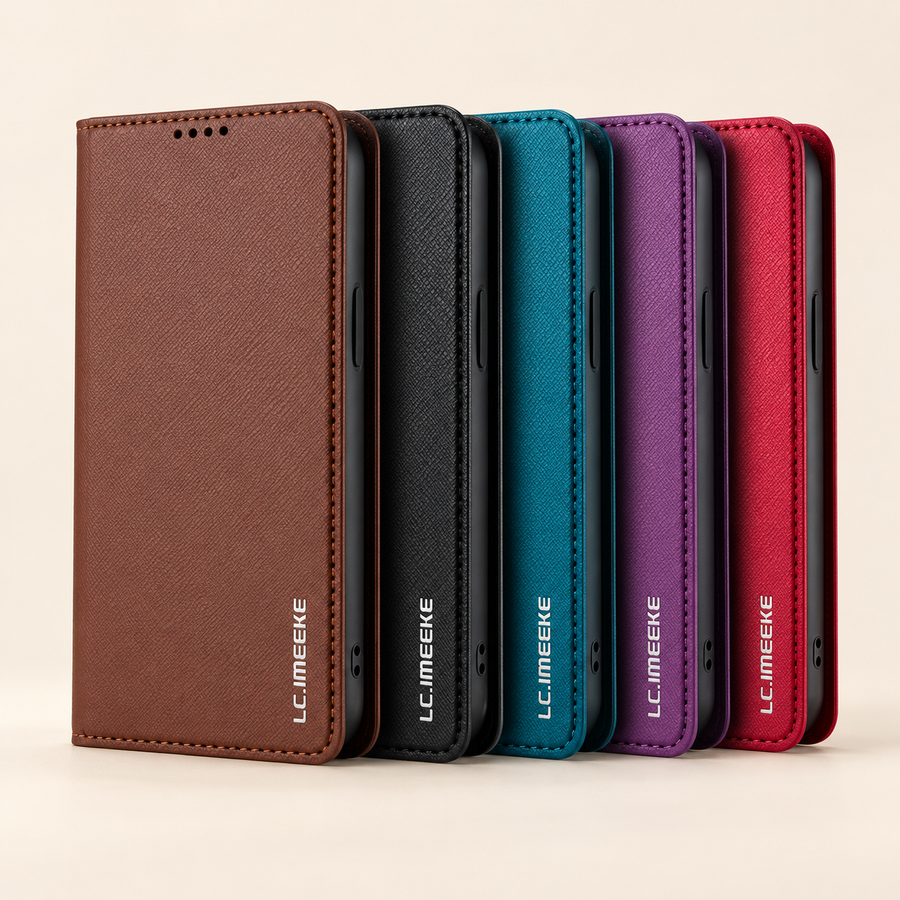 LC.IMEEKE L1 folio wallet cases in dark brown, black, blue, purple and red