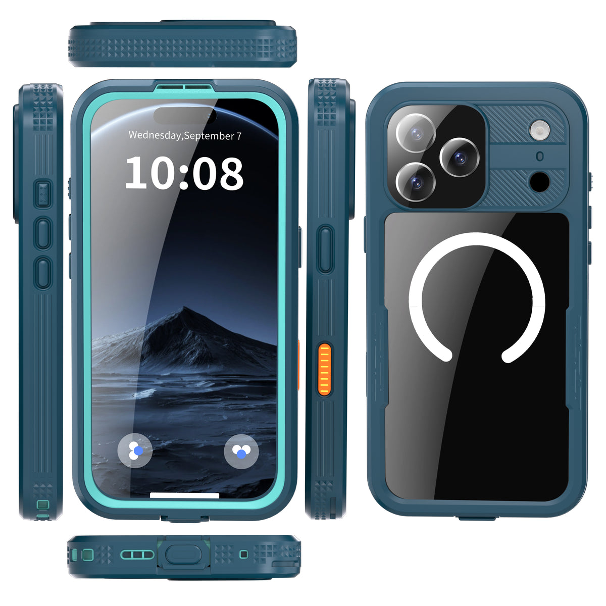 REDPEPPER MARS blue waterproof case shown from the front, back and sides