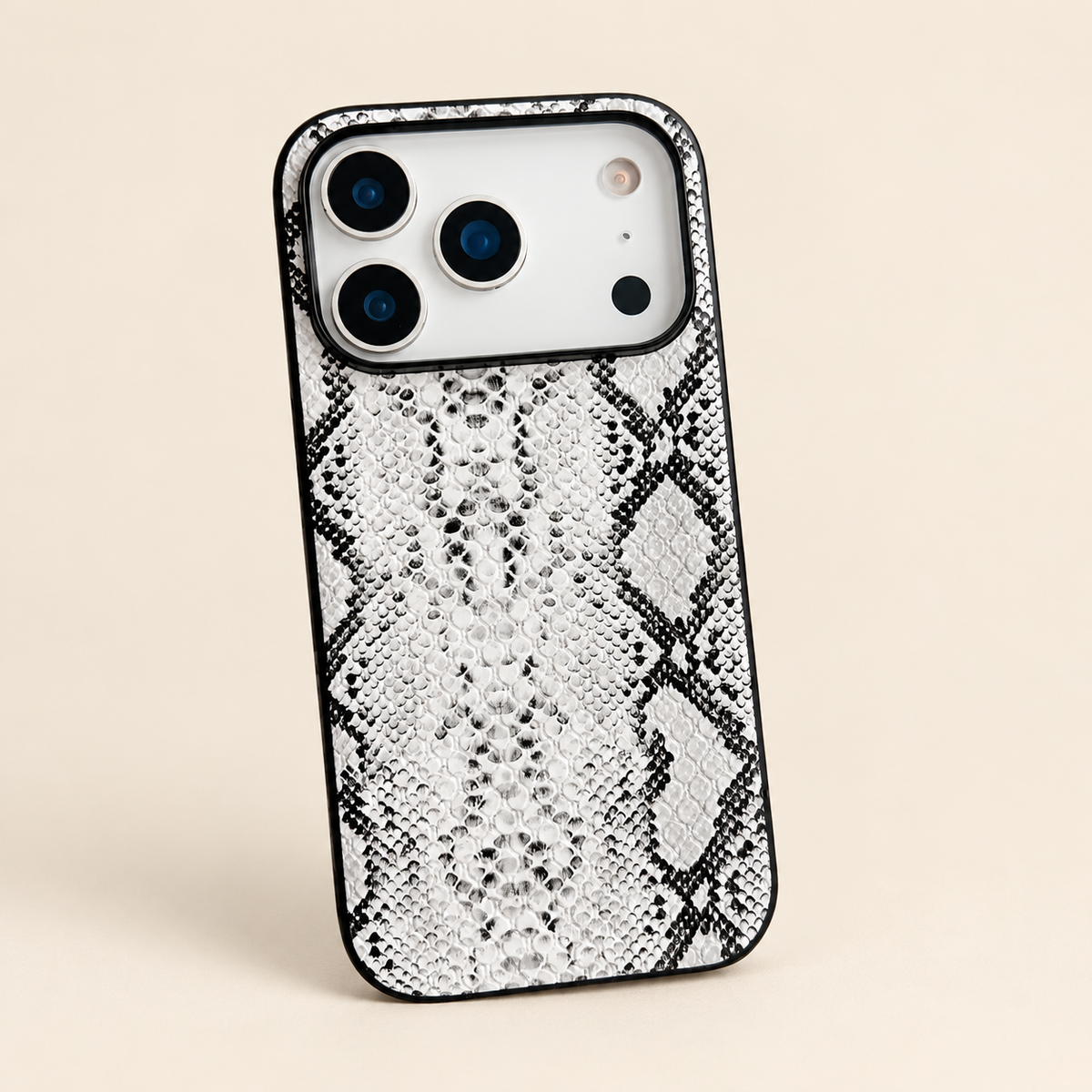 Light grey snakeskin-print PU phone case, clean rear view showing the printed scale pattern and camera edge; iPhone version pictured